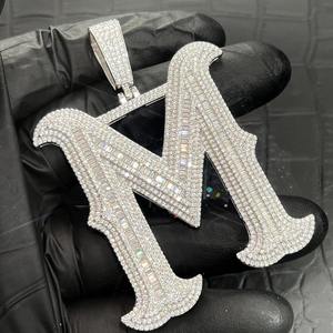Collier pendentif lettre A en argent sterling avec chaîne à maillons, serti de moissanite pavé, plaqué rhodium, style hip-hop, bijoux de fête unisexe - Product Image 1