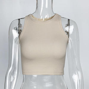 Camiseta sin mangas de algodón acanalado blanco para mujer, top corto de verano, chaleco informal con logo personalizado - Product Image 1