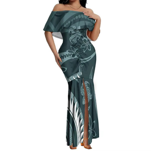 Elegante Vestido de Cola de Pez con Hombros Descubiertos y Diseño Tribal Samoano Polinesio con Pliegues para Mujer, Venta al por Mayor, Vestido Personalizado - Product Image 6
