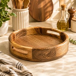 Bandeja Redonda de Madera para Servir con Asas, Diseño Minimalista, un Solo Compartimiento, Bandejas de Almacenamiento para Cocina, Acabado Natural - Product Image 4