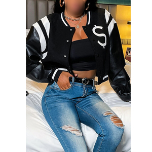 OEM ODM Service Black Varsity Jacket With White Stripes And S Logo Full Sleeve Turn Down Collar Autumn Wear For Wholesale Rate - Product Image 1