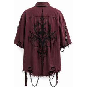<b>Men's</b> Maroon Gothic Denim Shirt With Black Print <b>Chains</b> Ripped Hem Short Sleeve Casual Style Twill Fabric Gothic Shirts - Product Image 3