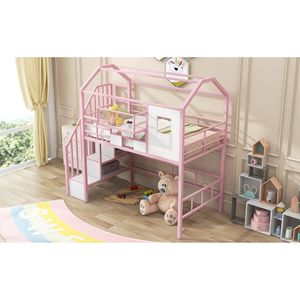 Letto a soppalco in metallo rosa con design del tetto unico e contenitore portaoggetti per bambini - Product Image 4