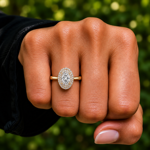 Bague de mariage en or jaune 14K 18K avec double halo de diamants ovales de laboratoire, certifiés DEF VVS IGI, style grappe, vente en gros OEM - Product Image 2
