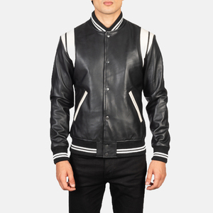 Chaqueta Varsity de Cuero PU Negra para Hombre con Ribete Blanco, Cuello Camisero Informal, Corte Regular, para Otoño - Product Image 5