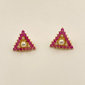 Low MOQ Triangle <b>Ruby</b> Pearl Pendant <b>Necklace</b> Set 22K Gold Plated Brass Jewelry Matching Stud Earrings Wedding Jewelry - Product Image 2