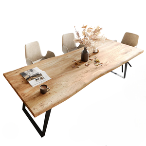 Table de salle à manger rectangulaire en bois massif d'acacia indien, bord brut, base métallique, écologique, sur mesure, pour la maison et la cuisine – Offre Spéciale - Product Image 3