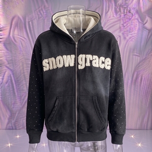 เสื้อฮู้ดซิป Snowgrace ผ้าเฟรนช์เทอร์รี่ พิมพ์ลายพัฟฟ์ ทรงโอเวอร์ไซส์ ยูนิเซ็กส์ สไตล์ลำลอง สำหรับฤดูหนาว สีดำ - Product Image 3