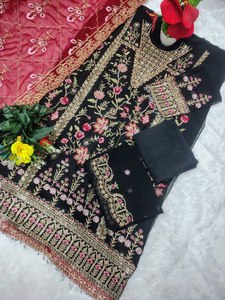 Ensemble de vêtements ethniques indiens pour femmes, 3 pièces, non cousu, en soie, Kurti, Kurta, Kameez, Salwar, tissu lourd, style pakistanais, fantaisie indienne - Product Image 4