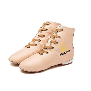 MBAANI Zapatos de baile de jazz de cuero genuino blanco para mujer, zapatos planos con suela dividida y cordones de caña alta - Product Image 2