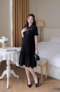 Robe de maternité V708 anti-rétrécissement, absorbante, en coton doux, excellente absorption, tenue décontractée avec broderie nœud, excellent choix pour l'été - Product Image 5