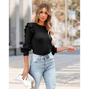 Pulls en tricot côtelé tendance pour femmes, automne 2025, manches longues, col rond, léger, design à volants sur le devant - Product Image 4