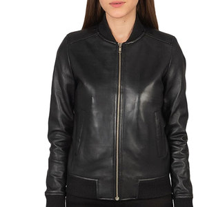 Chaqueta Bomber de Cuero Genuino Negro para Mujer, Manga Larga, Cuello Alto, Cierre de Cremallera, Chaqueta de Cuero Real para Otoño - Product Image 4