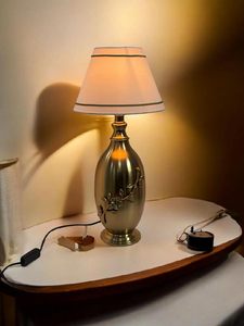 Handmade <b>Antique</b> Brass <b>Table</b> Lamp with Floral Embossed Design Fabric Lampshade <b>Bedside</b> Desk Lamp Vintage Home Decor Nightstand - Product Image 3