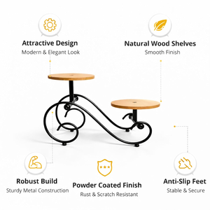 Soporte para Plantas de 2 Niveles con Estantes de Madera y Marco de Metal Negro con Diseño en Forma de S, Decorativo, para Interiores, para Macetas - Product Image 5
