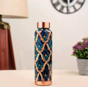 Botella de agua de cobre Azure Arabesque con estampado de arco ornamentado, botella reutilizable para el hogar, oficina, fitness, viajes, uso diario - Product Image 1