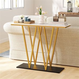 Consolle da Ingresso Contemporanea a Forma di W da 40 Pollici con Struttura in Metallo e Piano in Finto Marmo per Corridoio e Soggiorno - Product Image 3