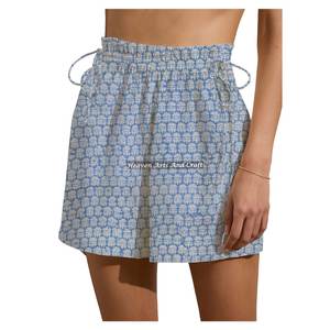 Shorts de week-end en coton imprimé à blocs avec cordon de serrage pour femme, vêtements de détente d'été, shorts de plage pour filles - Product Image 5