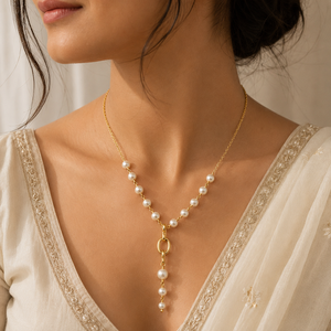 Collar Personalizado Chapado en Rodio con Perlas de Agua Dulce, Eslabones Ovalados y Cadena de Cable Tipo Lariat, Regalo de Lujo para Novias - Product Image 1