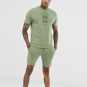 Shorts en coton vert uni pour homme, avec cordon de serrage, décontractés, pour l'été, avec poches latérales, coupe classique - Product Image 1