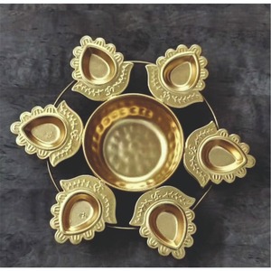 Elegant Brass Finish Iron Urli with 6 Diya Oil <b>Lamps</b> Flower Pot Decorative <b>Floating</b> Bowl Festive Home Office Decoration Items - Product Image 3