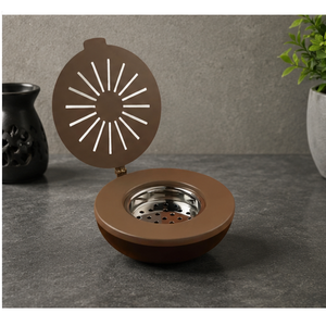 Quemador de incienso de carbón con tapa abatible en marrón mate, soporte metálico para aromaterapia con tapa ventilada Starburst - Product Image 1