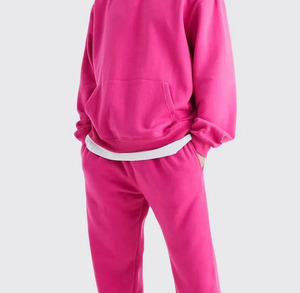 Breathable Unisex <b>Pink</b> Hooded <b>Tracksuit</b> Set Full Length Solid Color Casual Autumn Wear Loose Fit With Side Pockets 100% Cotton - Product Image 5