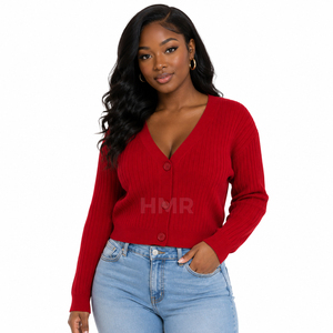 HMR Sisterhood Sorority Acrylic Red Knitted V-Neck <b>Cardigan</b> Long <b>Sleeve</b> Button Front Casual Top Plain <b>Short</b> Length Sweater - Product Image 1