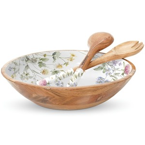 Handcrafted Waterproof Wooden Salad Bowl Floral Enamel Inlay Matching <b>Spoons</b> Natural Shape Modern Kitchen Serve ware Dining - Product Image 2