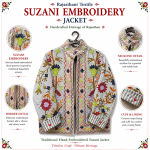 Chaqueta Bordada Suzani de Rajastán para Mujer, Algodón con Diseño Floral, Cuello Mandarín, Cierre de Cremallera, Estilo Elegante de Primavera - Product Image 3