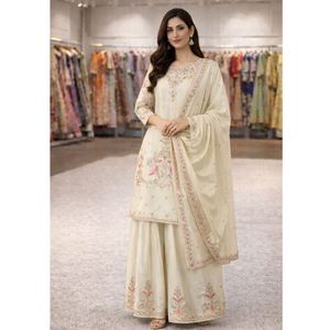 ชุดเสื้อท็อปผ้าไหมชีนอนเนื้อหนักแบบดีไซเนอร์ พร้อมกางเกงปาลาซโซ่ ความยาว 40 นิ้ว ผ้าคลุมไหล่ยาว 2.2 เมตร ปักลายด้วยดิ้นและเลื่อม พร้อมซับในผ้าฝ้ายไมโครคอตตอน ชุดบูติก - Product Image 1