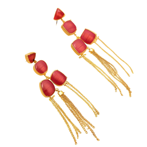 Fashion Drop Earrings Brick Color Semi-Precious Stone Embellished Long Statement Earrings - Product Image 2