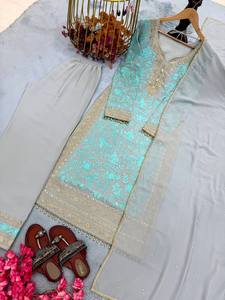 Conjunto Indio-Pakistaní Verde Menta Bordado, Kurta Larga, Palazzo y Dupatta, Ropa Formal Festiva - Product Image 3