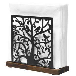 Porte-serviettes moderne en métal noir Arbre de Vie avec base en bois, distributeur vertical de mouchoirs en papier pour table de cuisine et restaurant - Product Image 1