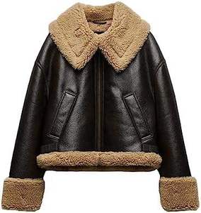 <b>Women's</b> Genuine Leather <b>Racer</b> <b>Jacket</b> Solid Color Zipper Closure Sherpa Lined Fur Trim Autumn Winter Outerwear Regular Length - Product Image 1