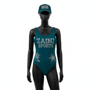 Traje de baño de una pieza premium para mujer, de nailon y spandex, suave y elástico, color verde azulado, con logotipo de cristal termoadhesivo, para bañarse. - Product Image 1