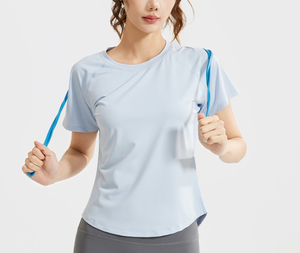 T-shirt de sport d'été pour femme, fitness, uni, léger, respirant, manches courtes, col rond, personnalisable avec logo - Product Image 4