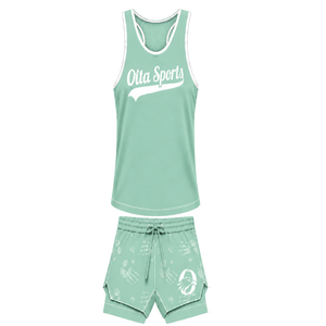Ensemble de bain vert menthe et blanc, débardeur dos nageur sans manches avec short assorti, léger, séchage rapide, performance pour l'entraînement - Product Image 1