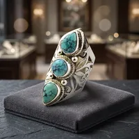 Bague Statement en Argent Sterling 925 avec Turquoise Tibétaine, Faite à la Main, Style Bohème Vintage, Bijou en Pierre Naturelle, Mode Féminine, Vente en Gros