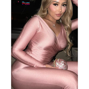 Bizarre Puss femmes élégantes survêtement 2 pièces ensemble maigre croix Slash cou Crop hauts + Leggings Stretch correspondant Streetwear tenues- - Product Image 5