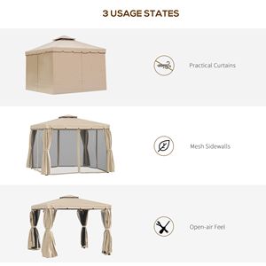 Gazebo da Esterno Khaki 3x3 Metri con Tetto a Doppia Ventilazione, Zanzariere e Tende, Impermeabile, con Pali in Metallo per Ville, Cortili, Parchi, Hotel - Product Image 6