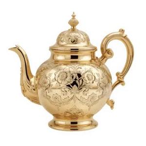 Vintage Gold Metal Tea Pot With Lid And Handle Ornate Floral Design - Product Image 1