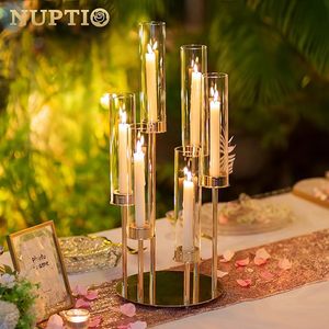 Candélabres en métal doré à 6 bras avec manchon cylindrique transparent amovible, 24 pouces de haut - Product Image 2