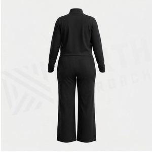Ensemble de yoga 2 pièces noir uni, taille haute, longueur intégrale, haut court anti-transpiration avec col montant et manches trois quarts - Product Image 2