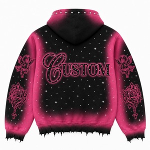 Custom <b>Pink</b> And Black Zip Up Hoodie With Rhinestone Angel Print And Raw Frayed Hem Design For Unisex Wear - Product Image 2