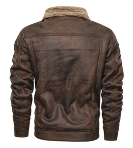 Brown <b>Sheepskin</b> Men's Black Polyester/Cotton Motorcycle <b>Jacket</b> Stand Collar Faux Fur Lining Windproof Winter Regular Fit - Product Image 5