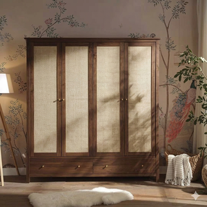 Armario Tradicional de Madera con Puertas de Ratán, Diseño de 4 Puertas Abatibles, Tiradores de Latón, 2 Cajones, Armario de Almacenamiento para Dormitorio - Product Image 1
