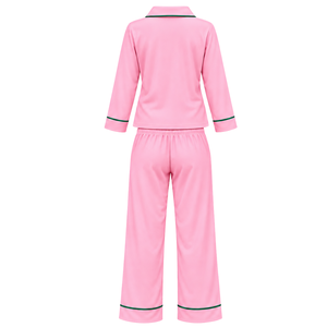Wholesale <b>Pink</b> Two Piece Nightwear Set for Women with Green Greek Letter Embroidery Contrast Trim <b>Long</b> <b>Sleeve</b> <b>Top</b> - Product Image 2