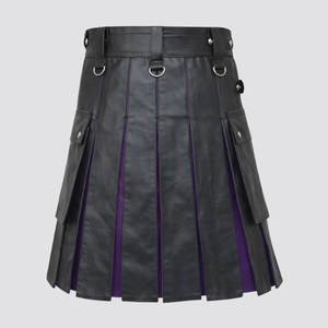 Black <b>Leather</b> Utility Kilt with Purple Panels Modern Hybrid Scottish <b>Leather</b> Kilt for Men - Product Image 2