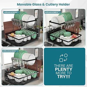 Escurridor de Platos Metálico de 2 Niveles con Bandeja de Drenaje, Portavasos y Caja para Cubiertos para Cocina - Product Image 6
